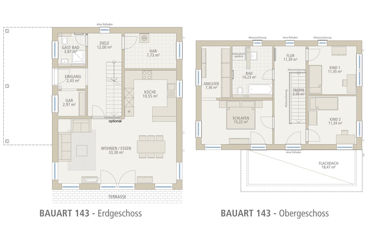 Grundriss Architektenhaus Bauart 143 von Siewert Hausbau mit Ankleide und Flachdachterrasse