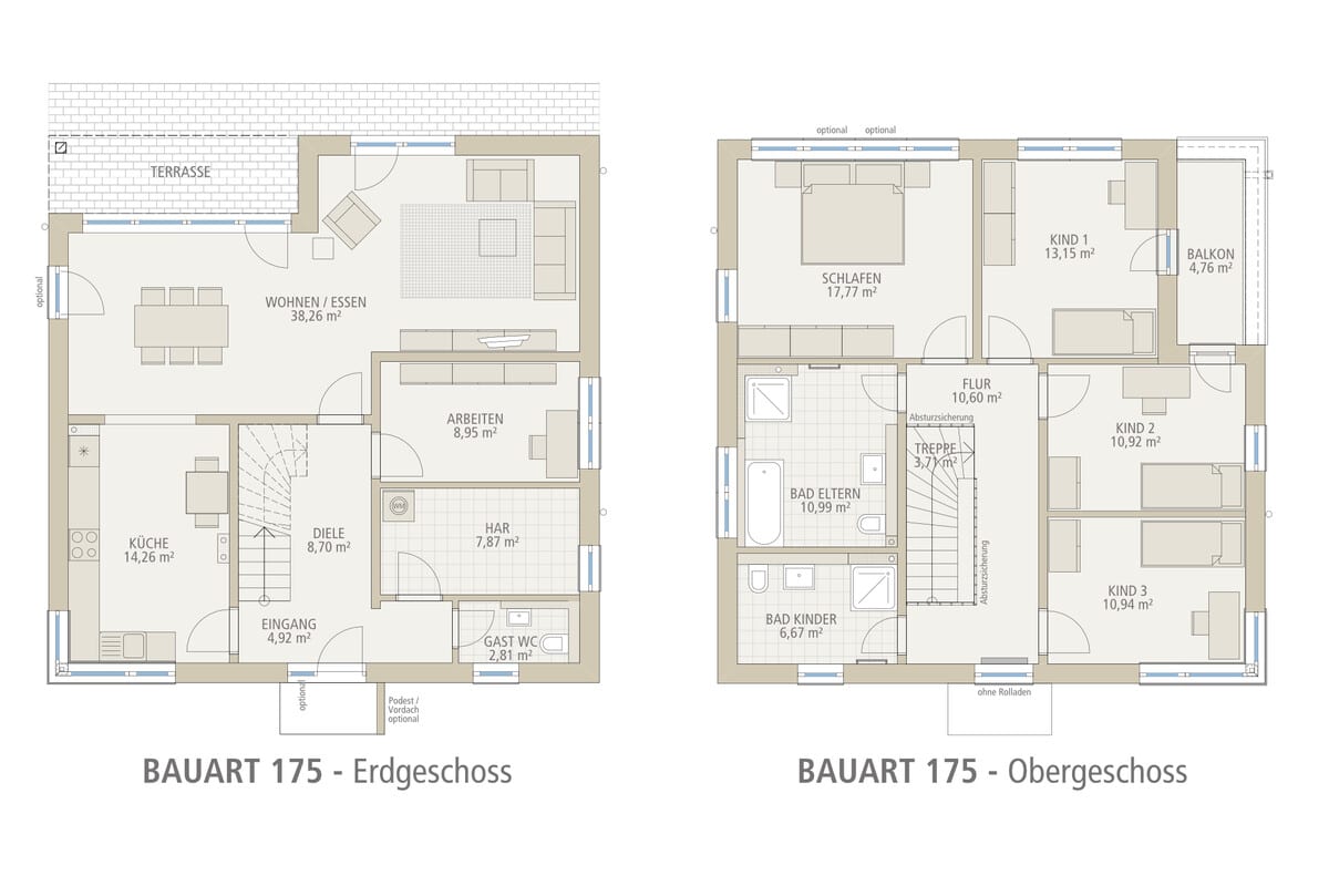 Grundriss Einfamilienhaus Bauart 175 von Siewert Hausbau mit drei Kinderzimmern und Balkon