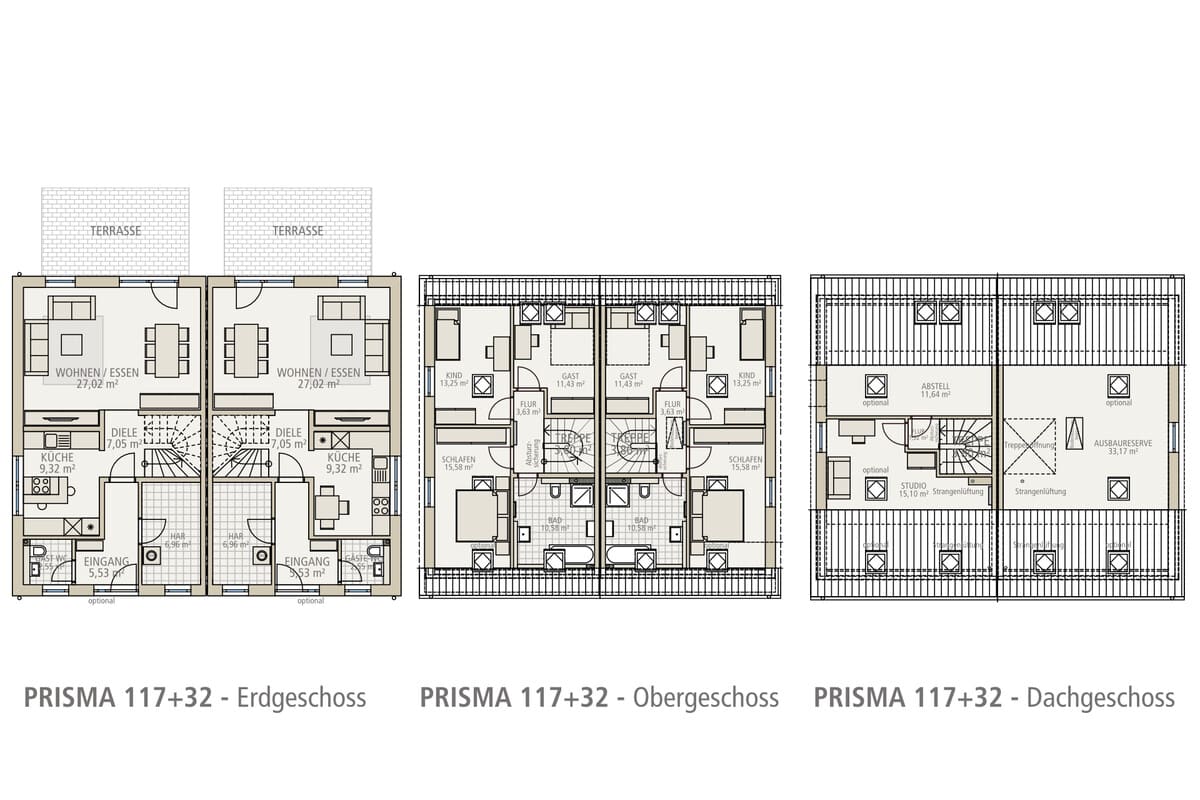 Grundriss Doppelhaus Prisma 117+32 von Siewert Hausbau mit Ausbaureserve im Dachgeschoss