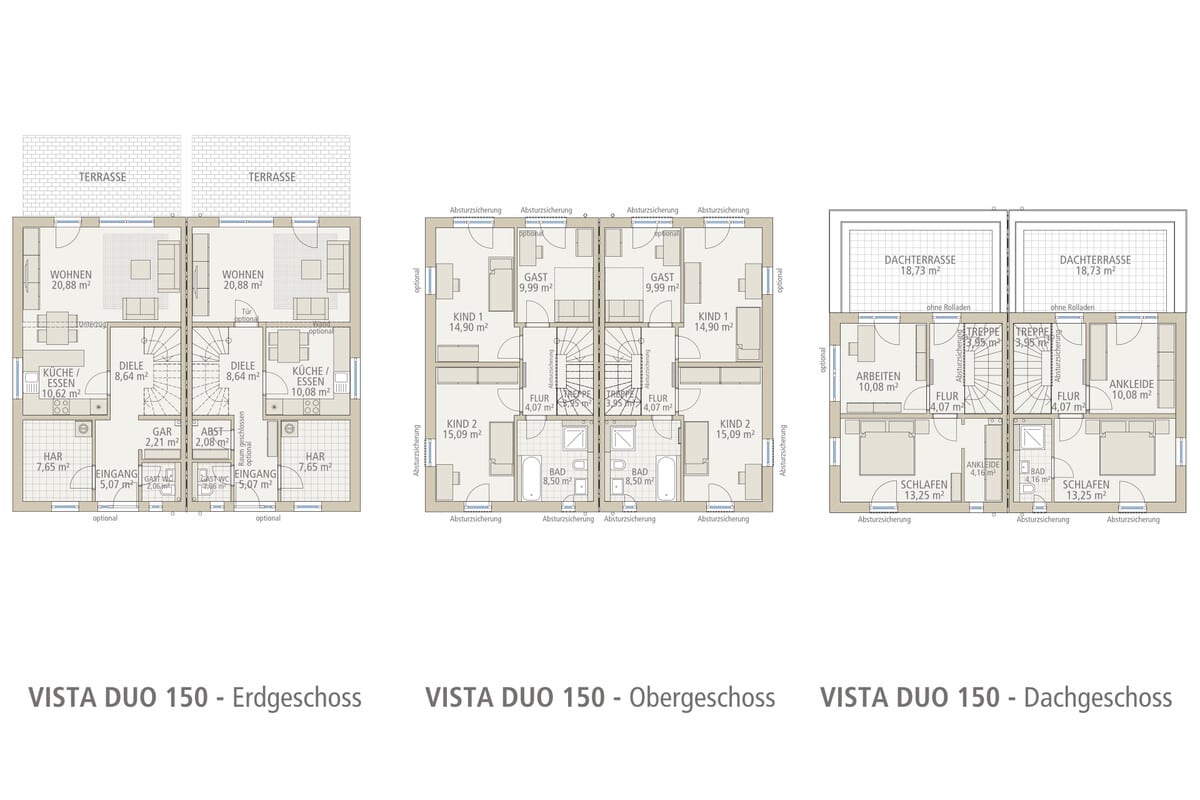 Grundriss Doppelhaus Vista Duo 150 von Siewert Hausbau mit Dachterrasse im Dachgeschoss
