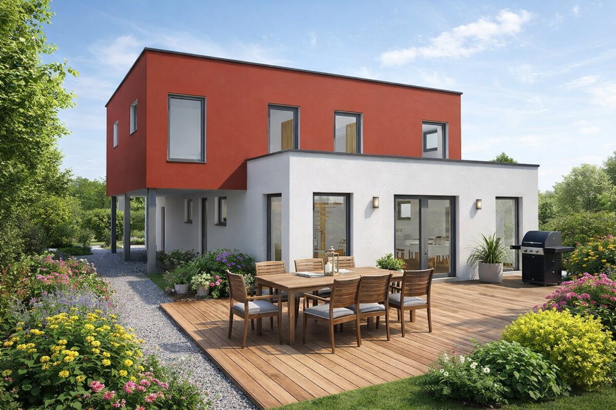 Designhaus Bauart 143 von Siewert Hausbau mit rot-weißer Fassade und auskragendem Obergeschoss