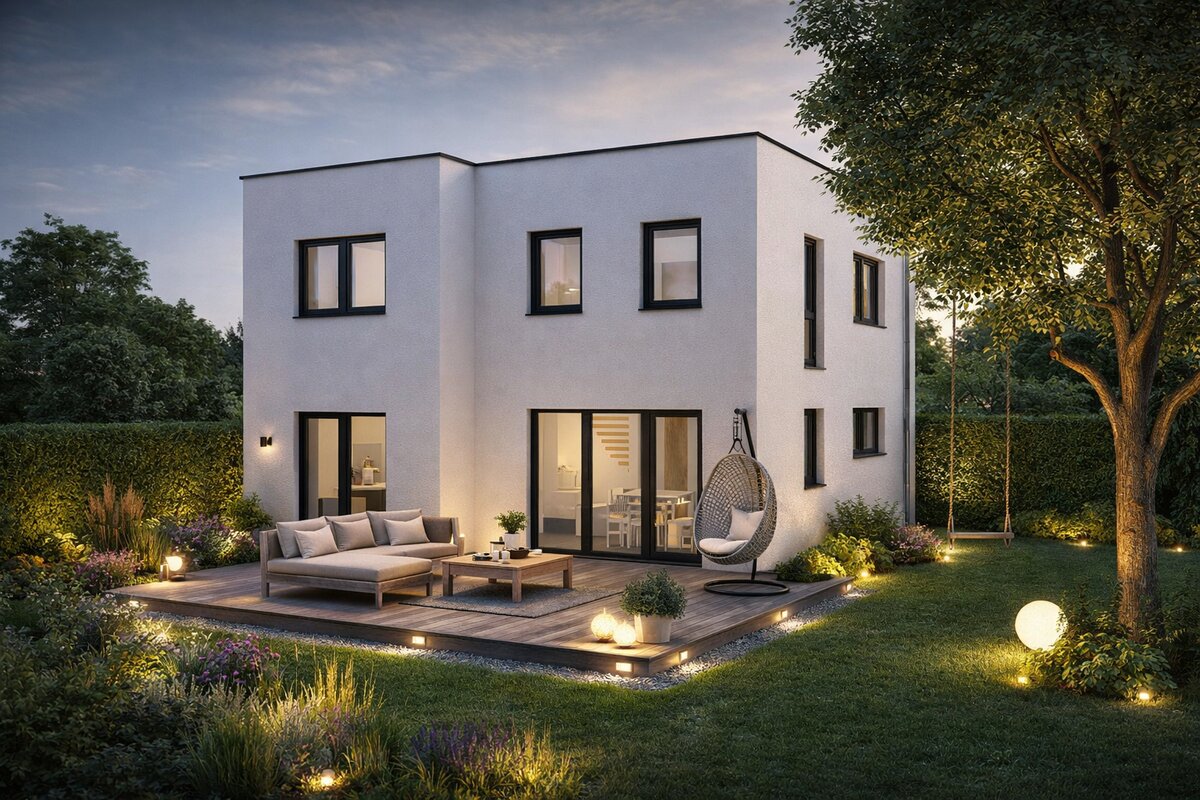 Kubisches Designhaus Bauart 138 von Siewert Hausbau mit Flachdach und beleuchtetem Garten am Abend