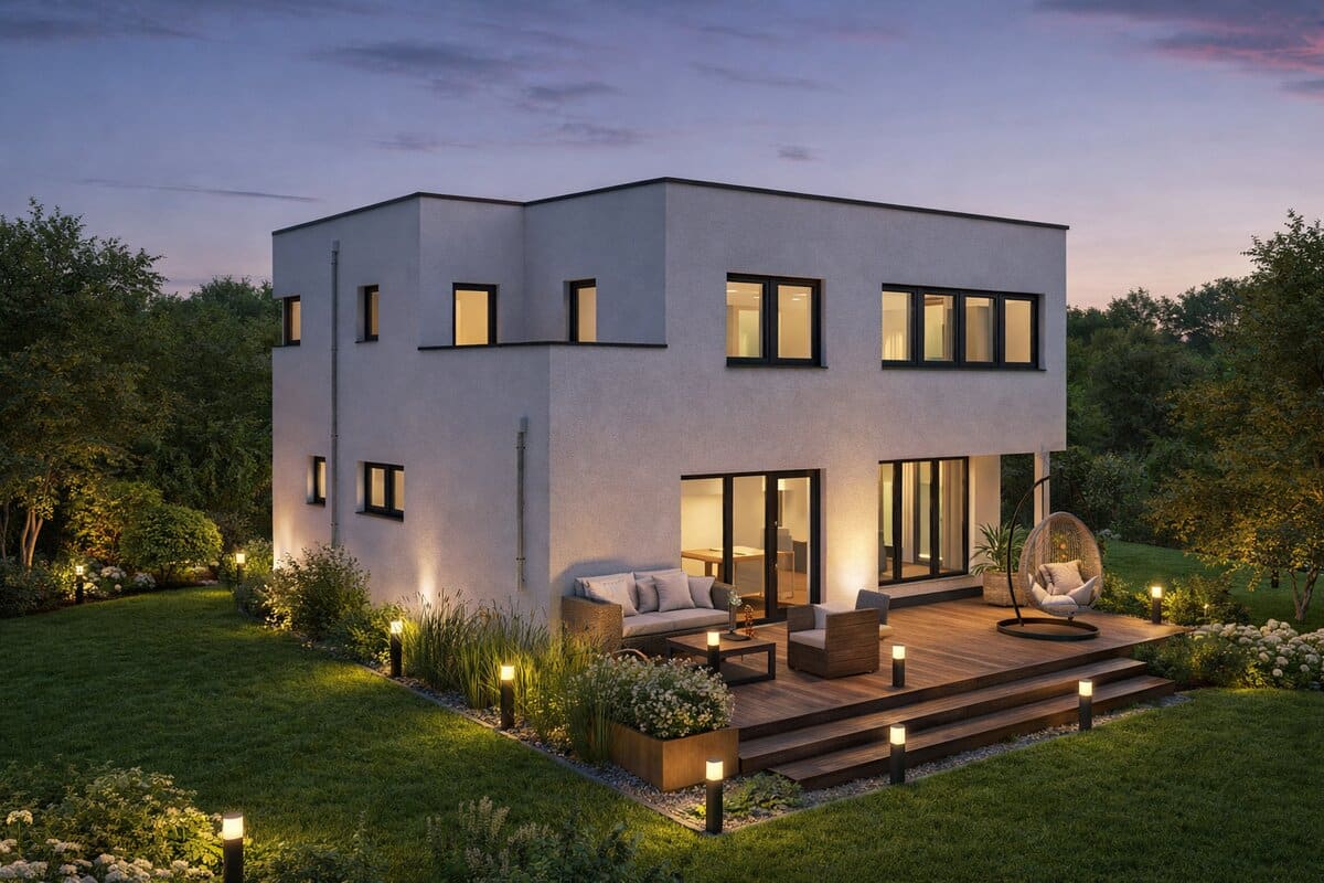 Modernes Flachdachhaus Bauart 175 von Siewert Hausbau mit beleuchteter Terrasse in der Dämmerung
