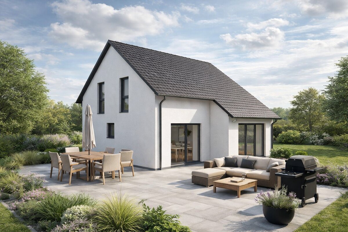 Einfamilienhaus Compact 129 von Siewert Hausbau mit Satteldach und gemütlicher Terrasse
