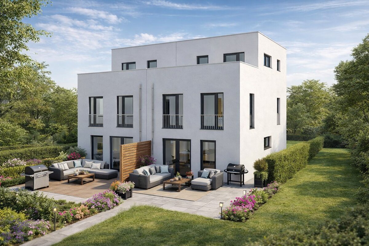 Doppelhaus Vista Duo 150 von Siewert Hausbau mit Flachdach, Balkonen und zwei Terrassenbereichen