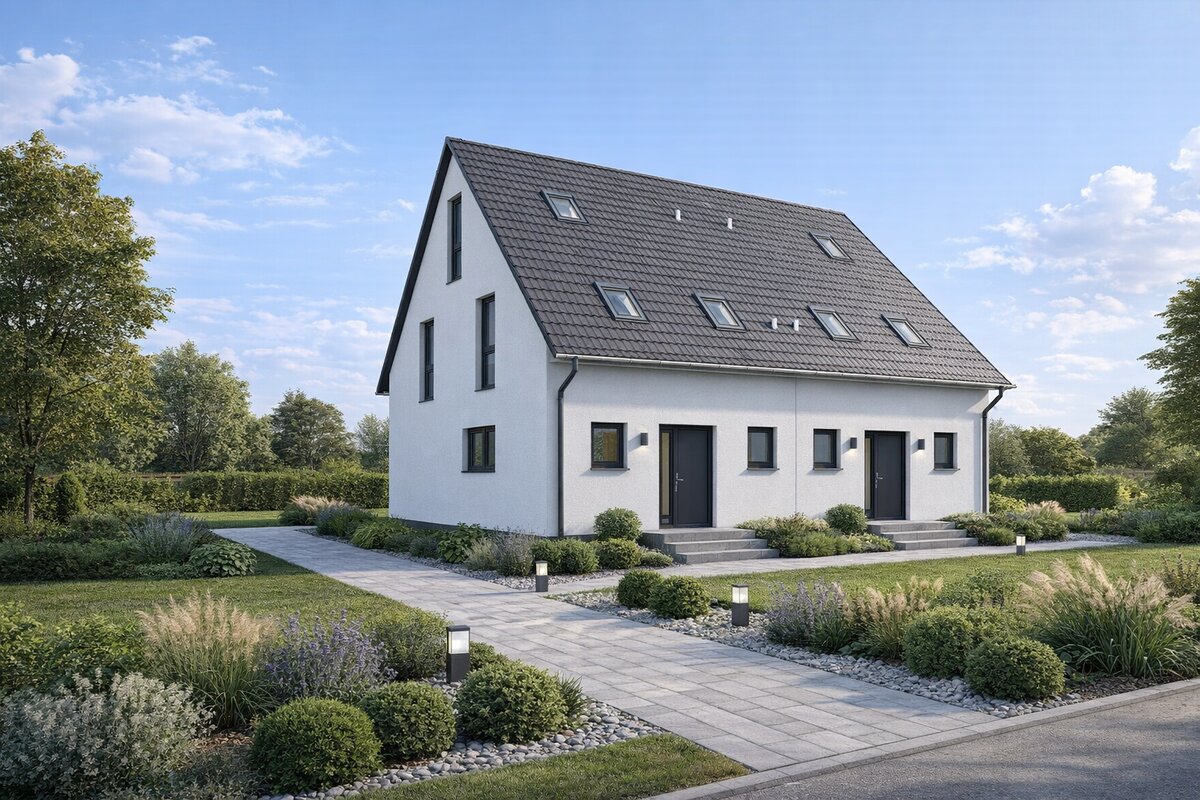 Doppelhaus Prisma 117 von Siewert Hausbau mit Satteldach, Dachgauben und gepflegtem Vorgarten