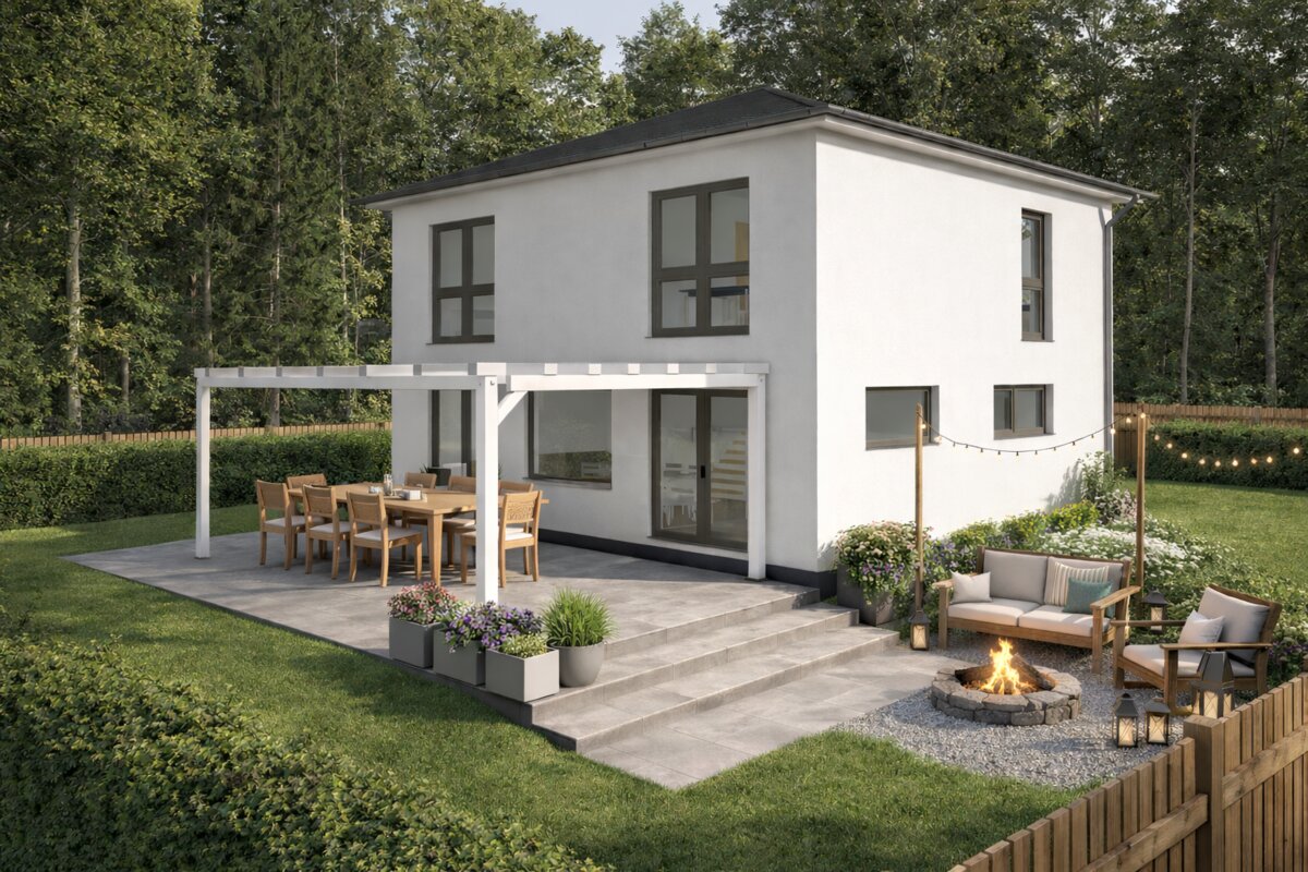 Stadtvilla Villa 145 von Siewert Hausbau mit Walmdach, Pergola und Feuerstelle am Abend