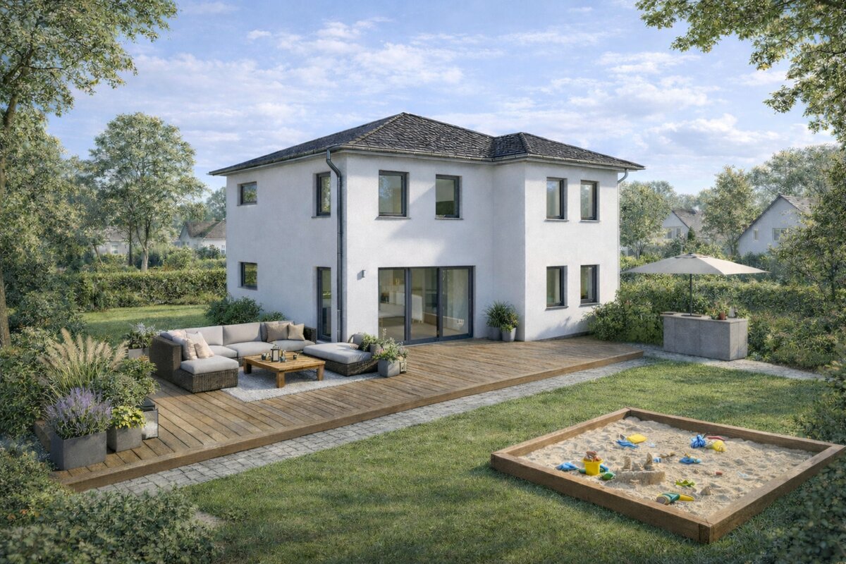 Stadtvilla Villa 160 von Siewert Hausbau mit Walmdach, Terrasse und Sandkasten im Garten