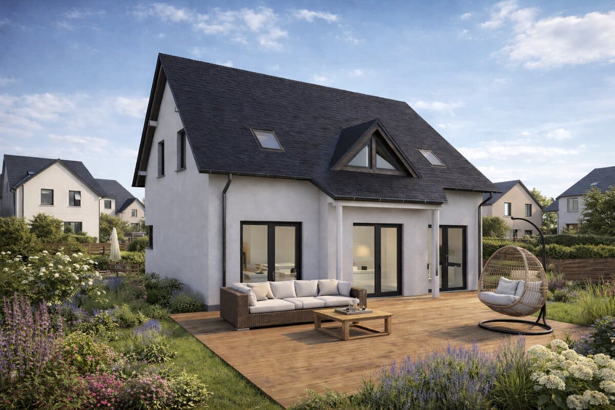 Einfamilienhaus Country 140 von Siewert Hausbau mit Dreiecksgiebelfenster und Terrasse
